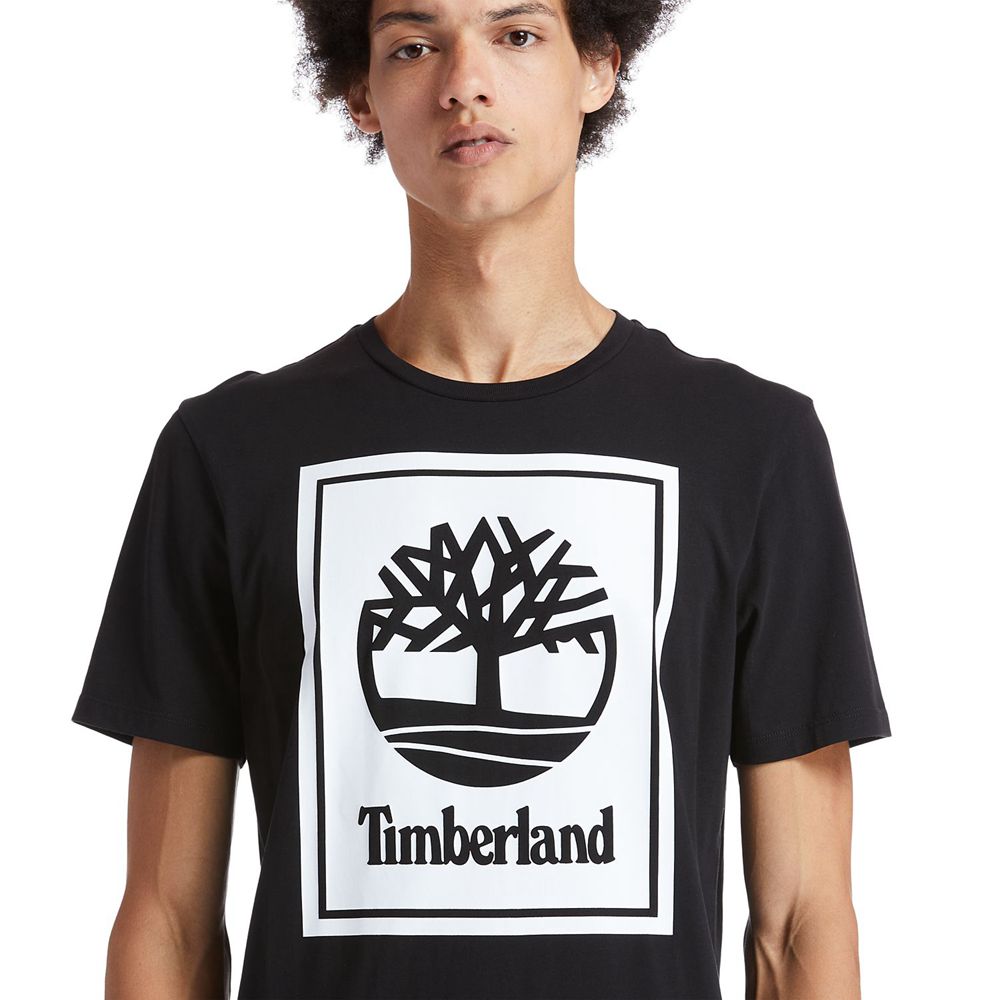 Tricouri Timberland Barbati Negrii/Albi - Short-Sleeve Logo - Romania - OISGAJ658